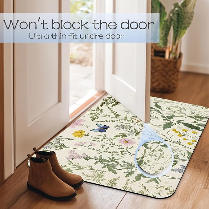 Vintage Floral Bath Mat 29.5"x17", Herbs Wild Flowers Slim Low-Profile Fast Drying Super Absorbent Bathroom Rug with Non-Slip Backing, Easy-Clean Modern Floor Mat for Tub, Shower, or Entryway