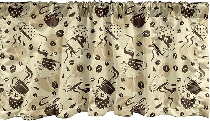 Ambesonne Modern Window Valance, Contemporary Coffee Cups Polka Dots and Beans Roasted Graphic Design, Curtain Valance for Kitchen Bedroom Decor with Rod Pocket, 54" X 18", Cream and Brown