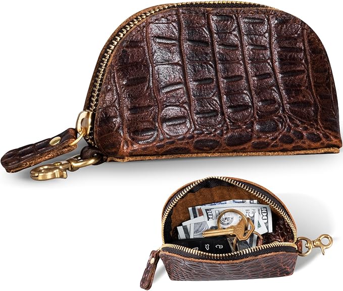Gexmil Genuine Leather Coin Purse with Zipper, Full Grain Leather, Mini Coin Pouch for Women Men, Change Wallet,Crocodile Brown