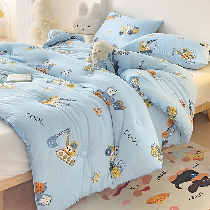 3PCS Comforter Set Queen Size, Ultra Soft Marshmallow Fluffy Comforter Bed Sets, Cute Bedding Set for Kids Boys Teen, Microfiber Lightweight All Seasons Bedroom (Truck)