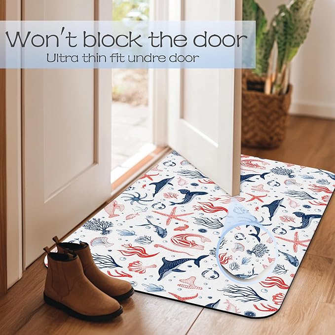 Cartoon Dolphin Bathroom Rug 29.5"x17",Shells Corals Quick-Drying Super Absorbent Diatomite Bath Mat with Non-Slip Backing, Thin Washable Bathroom Floor Mat Fits Under Door for Shower, Sink, or Tub