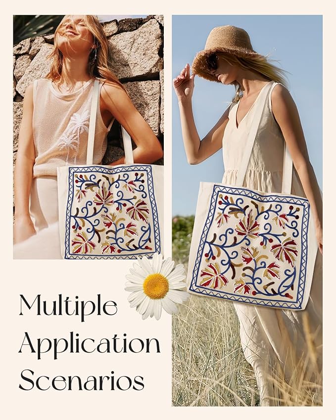 Miss Adola Aesthetic Embroidery Tote Bag for Women - Reusable Canvas Cute Shoulder Bag for Shopping, Grocery, Work, Book