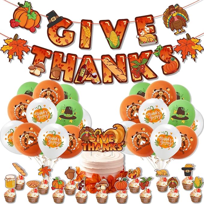 Thanksgiving Themed Party Decorations, Give Thanks Banner, Turkey Maple Leaf Backdrop And Tablecloth, Cake Topper, Latex Balloons, Hanging Swirls, Tableware Set for Party Supplies (Thanksgiving)
