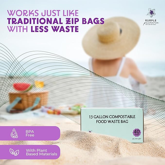 PurplePlumeria 13 Gallon Compostable Trash Bags - BioBased - Extra Strength - Plant-Based Plastic - Eco-Friendly, Sea Green
