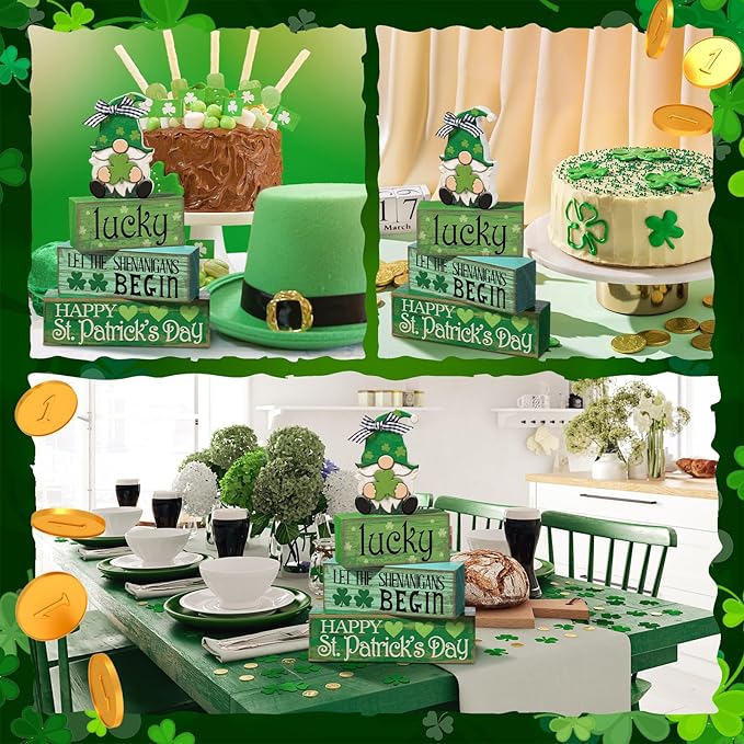 4 Pcs St. Patrick's Day Table Decoration Irish Tiered Tray Decor Wooden Gnome Shamrocks Block Signs Happy St. Patrick's Day Centerpiece for Tables Irish Wooden Sign for Home Decor