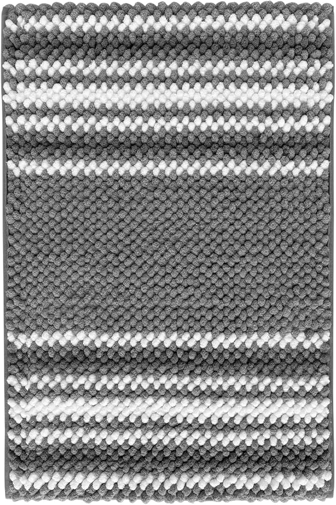 HDFK Bath Mat & Bathroom Rugs, Soft Looped Chenille Popcorn, Super Absorbent, Non-Slip Shower Rug Odorless Hot Melt Adhesive Base, Striped Carpet for Bathtub Floors (24x17 Inch, Black Gray, White)