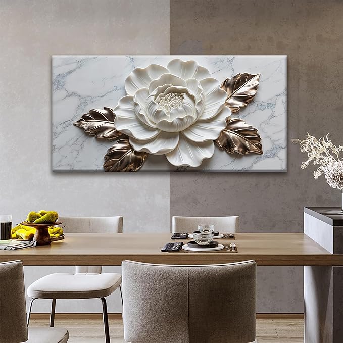 Suconvng Wall Art Living Room Marble Texture Wall Art Modern White Flower Canvas Art Wall Decor Home Wall Decor Suitable Pictures For Bedroom Apartment Office Can Be Hung 24" × 48"
