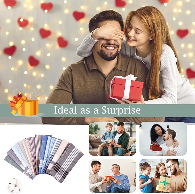 12 Pcs Handkerchiefs for Men, 100% Soft Cotton Hankies with Check, Classic Reusable Men's Handkerchiefs, 16x16 Inch Pocket Hanky