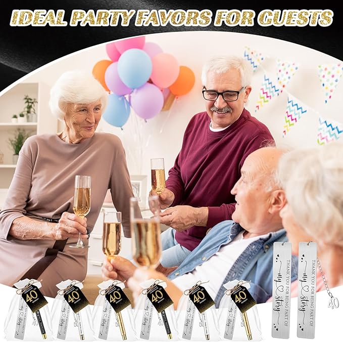 25 Sets Birthday Favors for Guests 25 Thanks for Coming Ballpoint Pens 25 Bookmarks 25 Cards with Organza Bag for Adult Birthday Anniversary Party Souvenir(Metal-40th)
