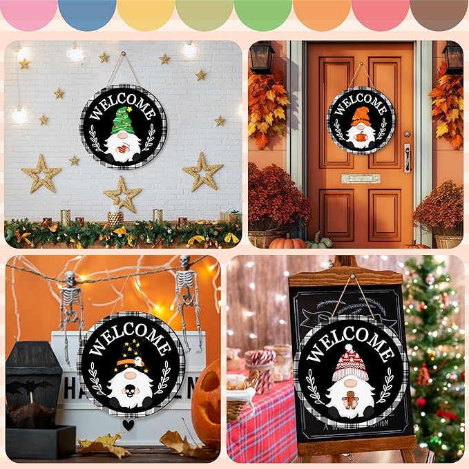 Seasonal Gnome Wall Decor Set, 11.8 inch Thanksgiving Wooden Round Sign with Interchangeable Holiday Hats, Autumn Welcome Door Hanging (Black-3)