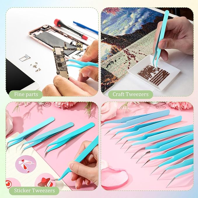 Honoson 9 Pieces Curved Pointed Craft Tweezers Stainless Steel Precision Tweezer with Protective Cover for Rhinestones Dried Flowers Craft Stickers Eyelash Extension Jewelry Making(Blue)