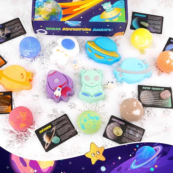 Galaxy Bath Bombs for Kids with Surprise Inside, 12pcs Planet Bath Bombs with Space Gemstones, Organic Essential Oil Bubble Bath for Kids Boys Girls Christmas Birthday Gift