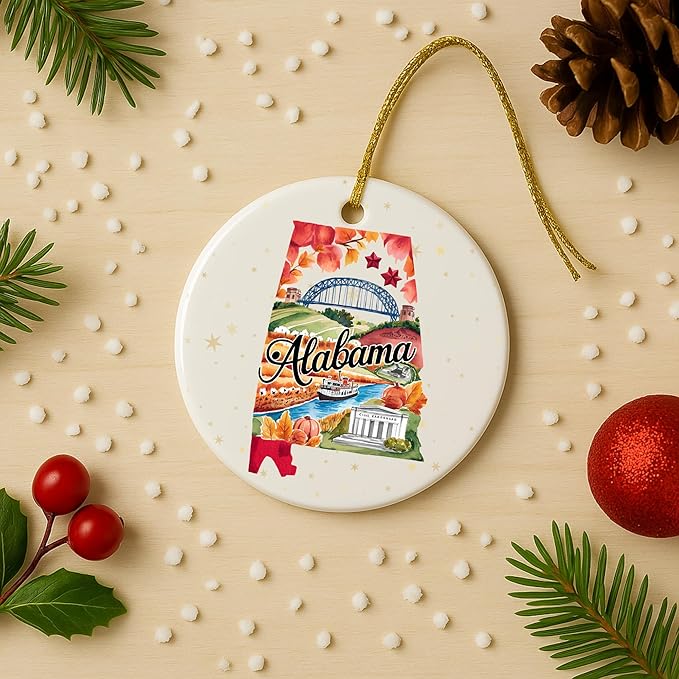 Alabama State Landmark Ceramic Ornament β Round Glossy Christmas Decoration Featuring U.S. State Art, Landmarks & Holiday Scenery β Collectible Travel Souvenir Ornament Series
