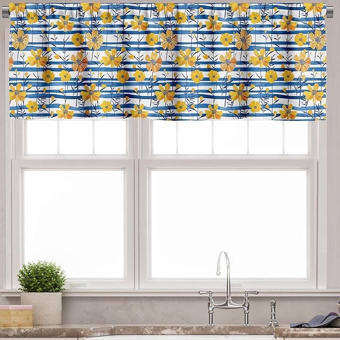 Ambesonne Floral Valance & Tier Curtain 3 pcs Set, Contemporary Coastal Vibe Flowers with Horizontal Brushstroke Lines, Window Treatments for Kitchen Room Decor, 55" x 24", Mustard Cobalt Blue White
