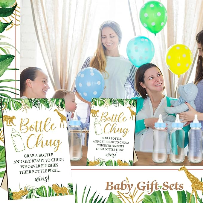 TrelaCo Safari Cool Baby Shower Games Bottle Chug Sign Wooden Jungle Animals Theme Gift Sets Gender Reveal Party Supplies and 12 Pcs Baby Bottle Shower Favor for Games Gender Reveal