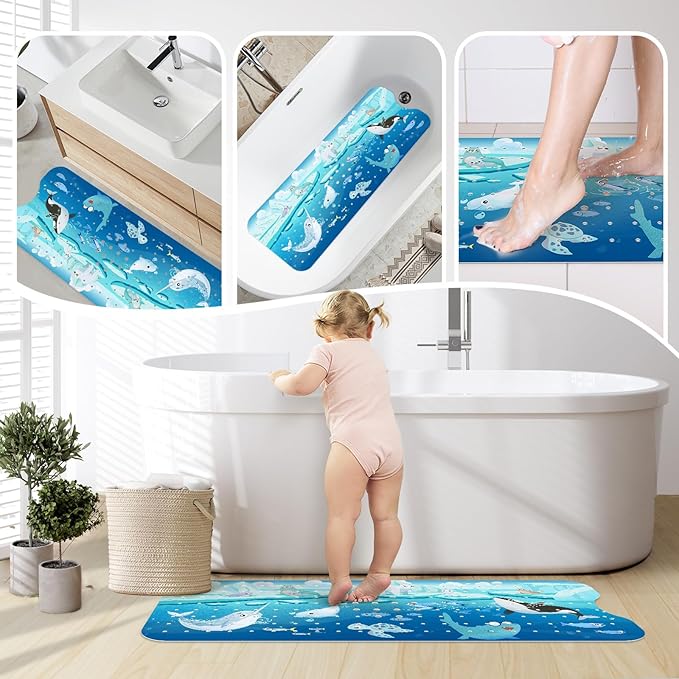 SHUCHING Polar Animal Bath Mat for Tub Non Slip-40 X 16 Inch, Baby Kids Bathtub Mat Non Slip, Toddler Long Shower Mat for Bathroom