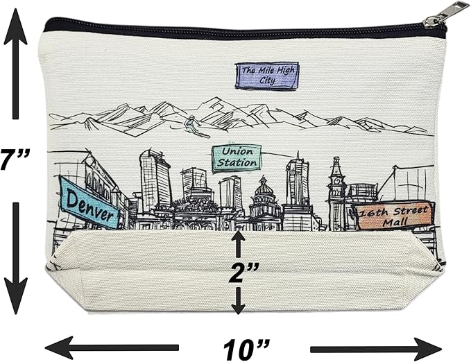 Cities Around the World Artwork Cosmetic Bag Series – Designed in USA, Travel Makeup Bag with Zipper, Souvenir Gift for Women, Artwork Organizer for Purse or Toiletry (Denver)
