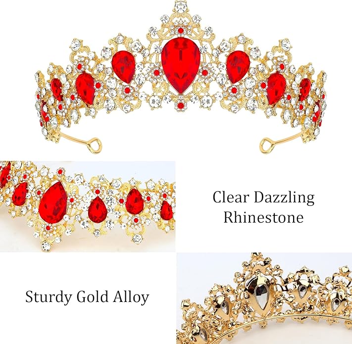 Red and Gold Birthday Queen Crown for Women Prom Queen Sash and Tiara Set Birthday Queen Sash and Crown Set for Women Red Rhinestone for Party Hair Accessories