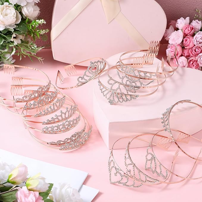 Lyrow 30 Pcs Tiara Crowns for Women Bulk Galentines Day Party Favors Crystal Queen Crowns with Comb Headband Princess Tiaras for Birthday Wedding Halloween Christmas(Rose Gold)