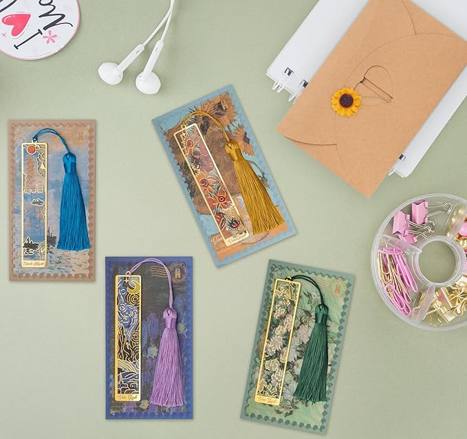 4 Pieces Metal Bookmarks Exquisite with Tassel,Golden Hollow Bookmark with Envelopes,Oil Painting Theme Vintage Book Mark,Pretty Bookmarks for Friends Teachers Students Birthday Present