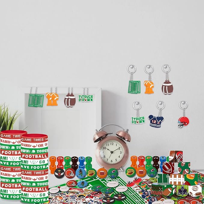 Football Party Favors 244 Pcs Football Birthday Party Decorations With Goodie Bags Wristbands Stickers Keychains Stamps Slap Bracelets Badges for Football Party Supplies (Football)