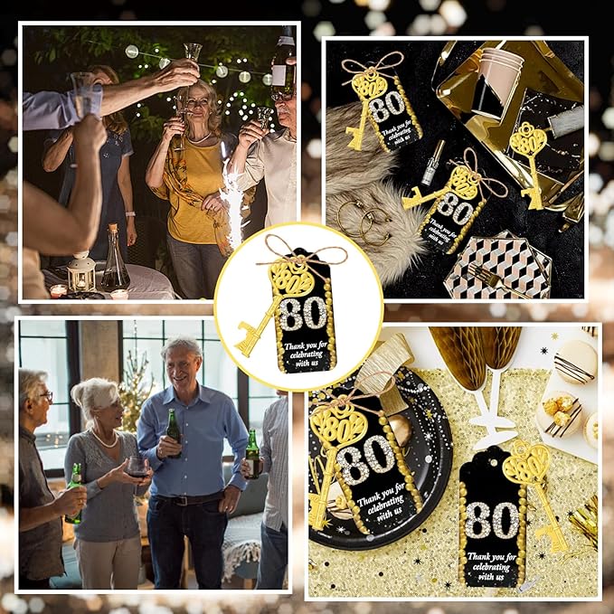 50Pcs 80th Gold Key Bottle Opener 80th Birthday Party Favors,80th Anniversary Souvenirs Return Gifts,Beer Keychain Bottle Openers With Thank You Cards For Party Birthday Wedding Shower Supplies