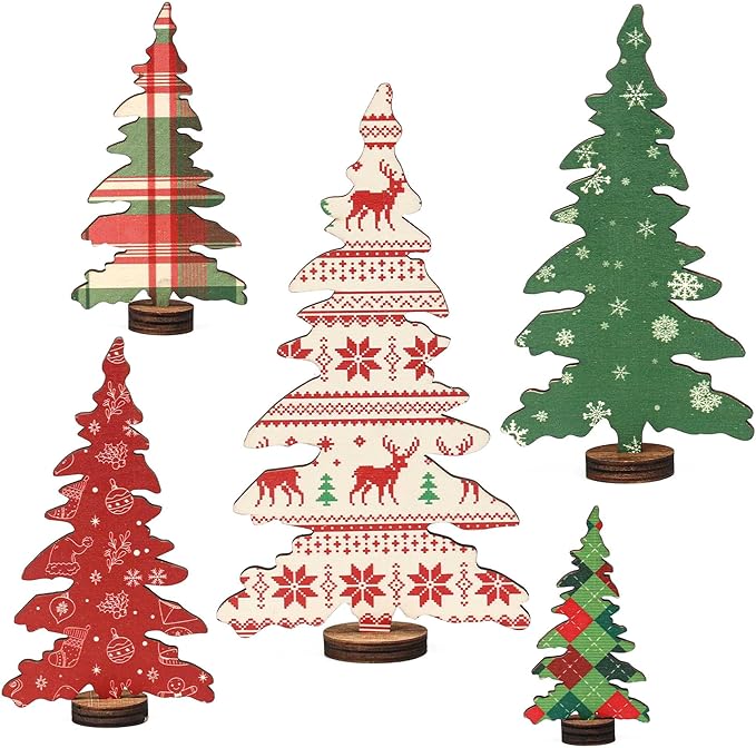 5 Pcs Wooden Christmas Tree Tabletop Decorations, Small Christmas Tree Set for Table Mantel Shelf Office Decor, Xmas Tiered Tray Decor, Xmas Tabletop Decoration