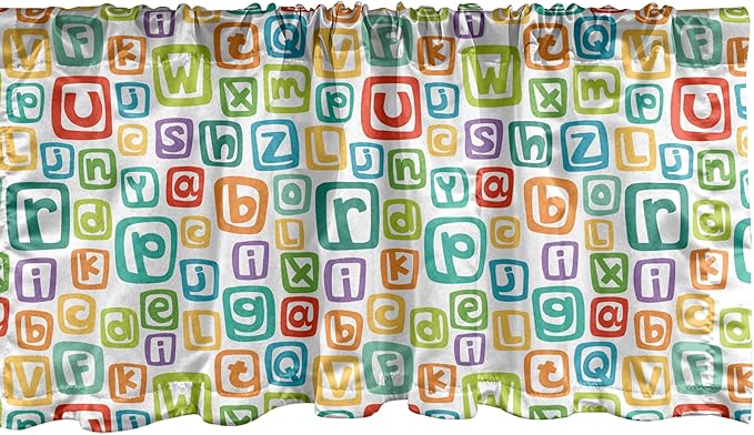 Ambesonne Alphabet Window Valance, Learning English Themed Irregular Colorful Letters in Squares, Curtain Valance for Kitchen Bedroom Decor with Rod Pocket, 54" X 12", Turquoise