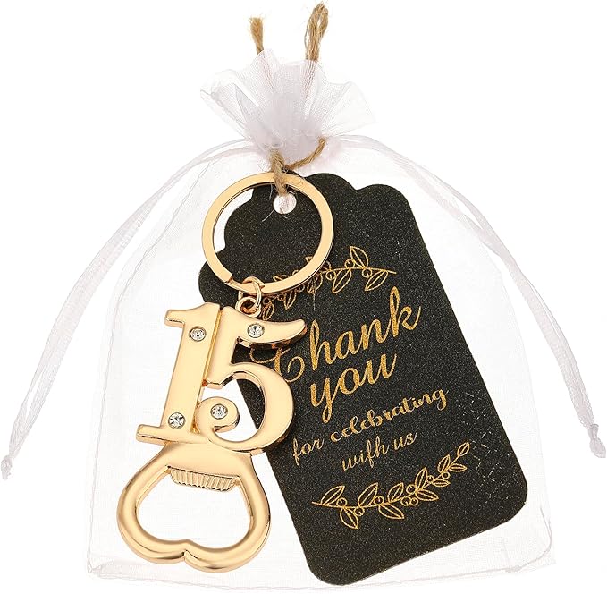 24 pcs 15th Gold Keychain Bottle Opener Birthday Party Favors for Guests,15th Beer Bottle Opener Favors Bulk for 15 Birthday Anniversary Souvenirs Party Decor Supplies (Gold 15th)