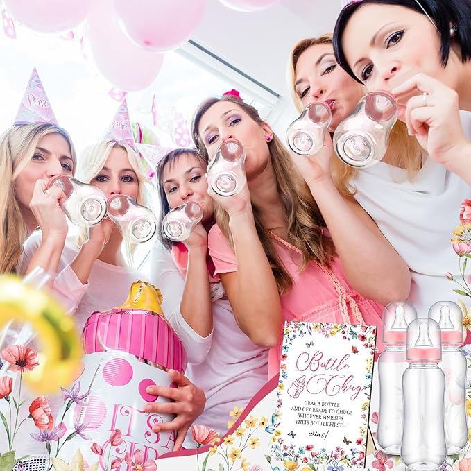 TrelaCo Wildflower Cool Baby Shower Games Wooden Bottle Chug Sign Wildflowers in Bloom Gift Sets and 12 Pcs Baby Bottle Shower Favor for Gender Reveal Games