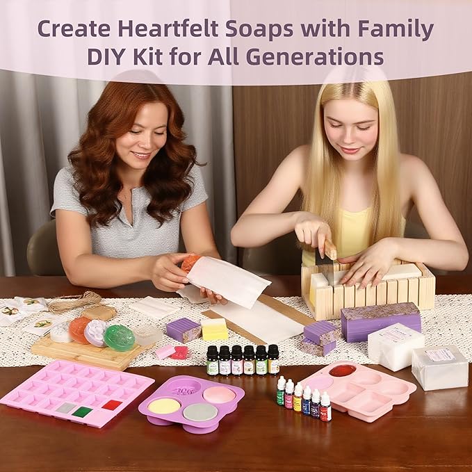 Yosamio Ultimate Soap Making Kit for Adults - Professional 42OZ Silicone Loaf Mold w/Wood Box & 2 Stainless Steel Cutters - 4lbs Natural Soap Base, 12 Oils/Dyes & Stamp - Deluxe DIY Craft Gift Set