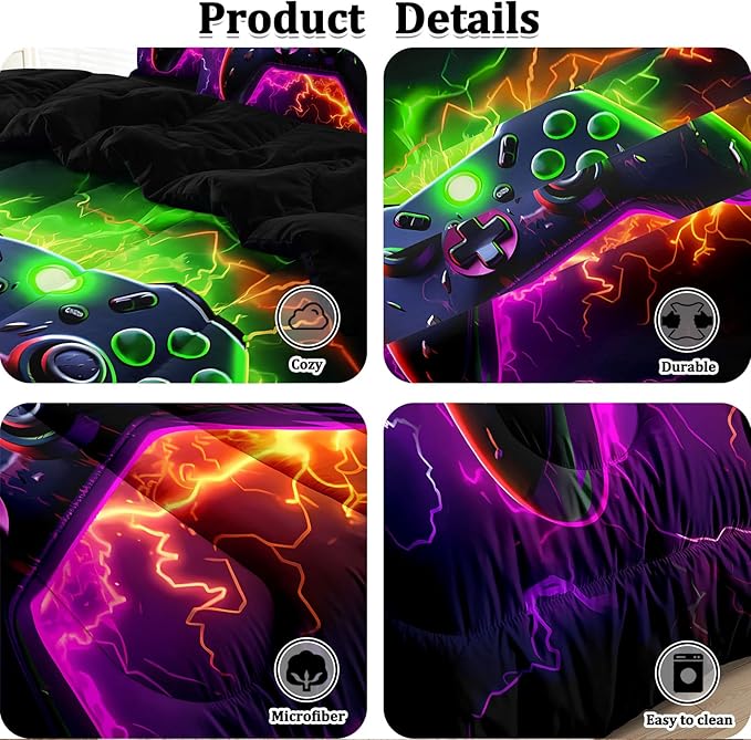 Full Gamer Bedding Sets for Boys Teen, 4 Pcs Full Size Gaming Comforter Set for Boys Full Szie Bedding Set