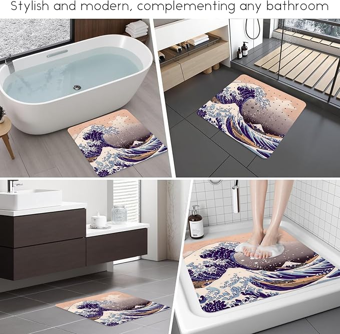 Bathtub Mat Non Slip, Japanese Wave Square Bath tub Mat Shower Floor Mat with Suction Cups for Adults Kids Elderly 21 X 21 Inch