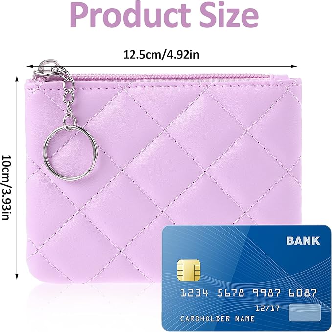 Real Leather Coin Purse with Rhombus Embroidery Zipper Keychain Mini Wallet for Women & Men (Purple)