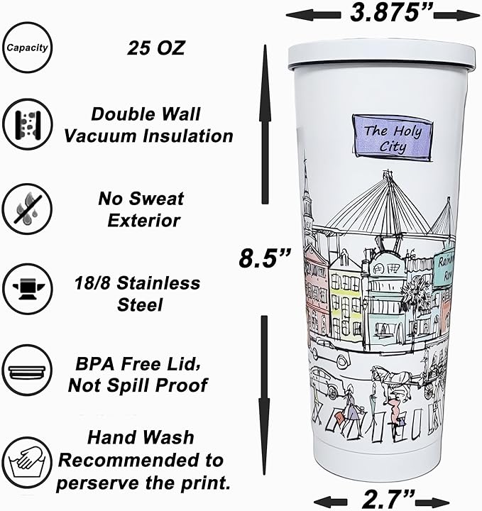 Cities Around the World 25 Oz Tumbler Series - Designed in the USA - Vacuum Insulated Tumbler with Lids & Straw - Stainless Steel Coffee Water Travel Mug, Cup for Hot Cold Drink (Charleston)