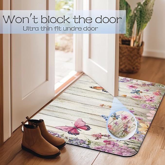 Bathroom Rug 29.5"x17",Wood Board Butterfly Flowers Super Absorbent Fast Drying Bath Mat with Non-Slip Rubber Backing, Thin Low-Profile Easy-Clean Bathroom Floor Mat for Shower or Tub