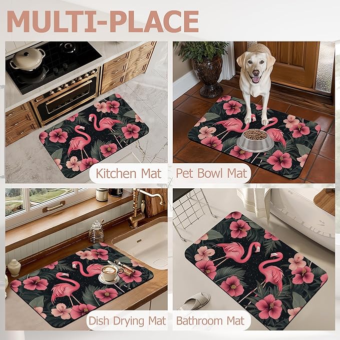 Bath Mat,Pink Flamingos Bathroom Rugs,Quick-Drying Non-Slip Rubber Bath Mats Hibiscus Flowers Absorbent Diatomaceous Earth Mat for Bathroom Home Decor 17"x29.5"