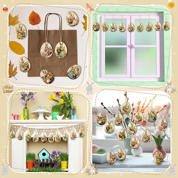 Yookeer 36 Pcs Vantage Easter Wooden Ornaments Retro Easter Decorations for Tree Bunny Ornaments Egg Shape Wood Cutouts with Rope Bunny Mini Signs Hanging Spring Decoration for Small Tree Home Indoor