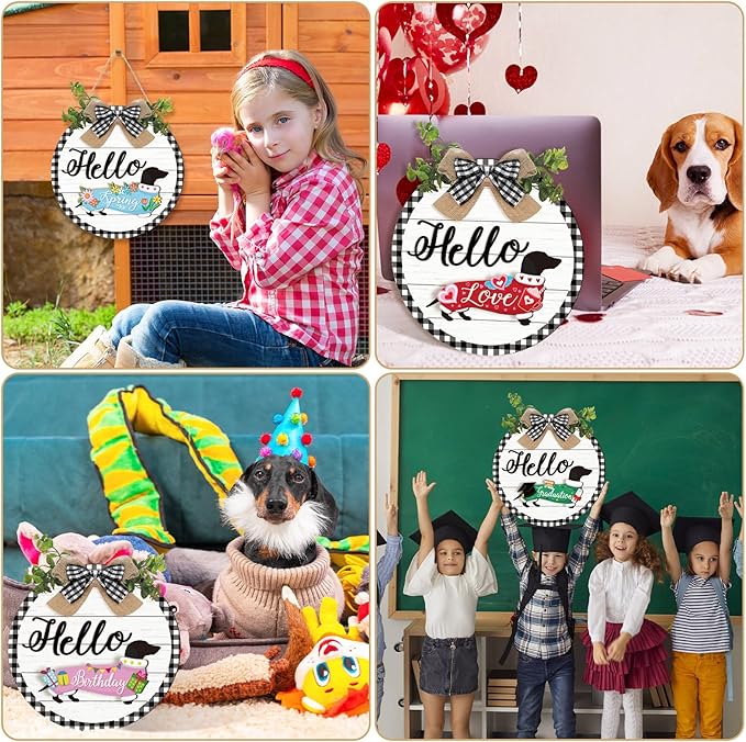 Glenmal 16 Pcs Seasonal Dachshund Door Decor for All Season and Holiday Hanging Cute Christmas Dachshund Welcome Sign Rustic Wooden Farmhouse Front Door Signs Outdoor(White with Plaid Frame)