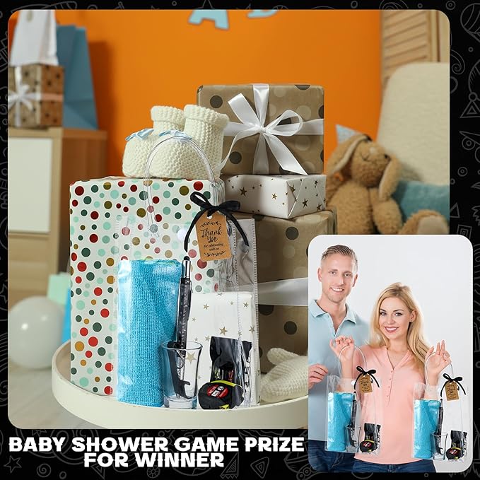 Leinuosen 6 Sets Baby Shower Game Prizes for Men with Cleaning Cloth Bottle Opener Screwdriver Tape Measuring Keychain Multi Tool Pen Gift Bag Funny Baby Shower Prizes for Winner