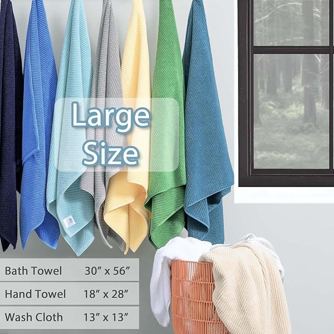 Turquoise Bath Towel with Hanging Loop - 100% Cotton, Soft, Quick Dry, Lightweight, Towel Set of 6, 2 Large Bath 30"x56", 2 Thick Hand 18"x28", 2 Absorb Washcloths 13"x13", Luxury Gift Set