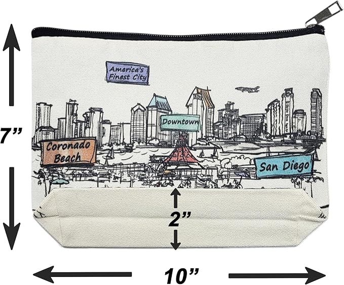 Cities Around the World Artwork Cosmetic Bag Series – Designed in USA, Travel Makeup Bag with Zipper, Souvenir Gift for Women, Artwork Organizer for Purse or Toiletry (San Diego)