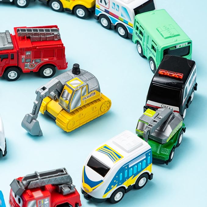 JOYIN 18 Pcs Pull Back City Cars and Trucks Toy Vehicles Set, Friction Powered Cars Toys for Toddlers, Kids Stocking Stuffers, Treasure Box Gifts for Classroom, Christmas Great Gifts for Grandkids