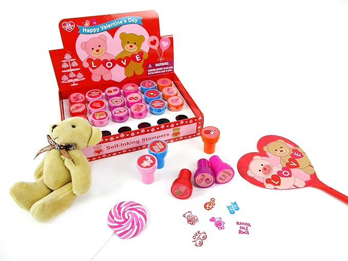 TINYMILLS Valentine’s Day Stampers for Kids 24 Pack – Cute Self-Inking Valentine Stampers for Classroom Exchange, Party Favors, Goody Bag & Treat Bag Fillers, Valentine Party Supplies