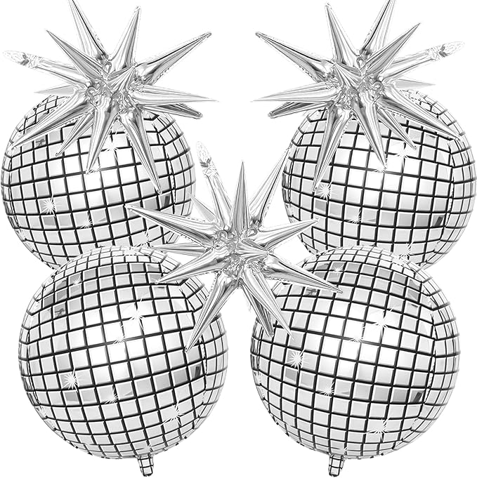 22 Inch Large 4D Metallic Silver Disco Ball Balloon with Explosion Star Foil Balloons for 70s 80s 90s Themed Party, Birthday, New Year, Graduation