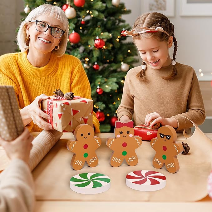 Gingerbread Christmas Decorations Tiered Tray Decor, 5 Pcs Gingerbread Candy Wooden Signs Table Decor for Home Kitchen Office