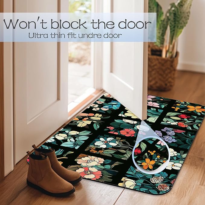 Bathroom Rug 29.5"x17", Groovy Abstract Flowers Bath Mat with Non-Slip Rubber Backing, Quick-Drying Absorbent Thin Floor Mat for Bathroom, Shower, Sink, or Kitchen