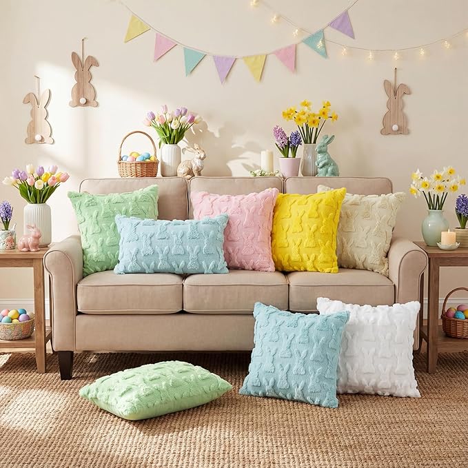 AVOIN colorlife Easter Rabbits Blue Throw Pillow Covers, 18 x 18 Inch Bunny Soft Plush Faux Fur Jacquard Cushion Case Decoration for Sofa Couch Set of 2