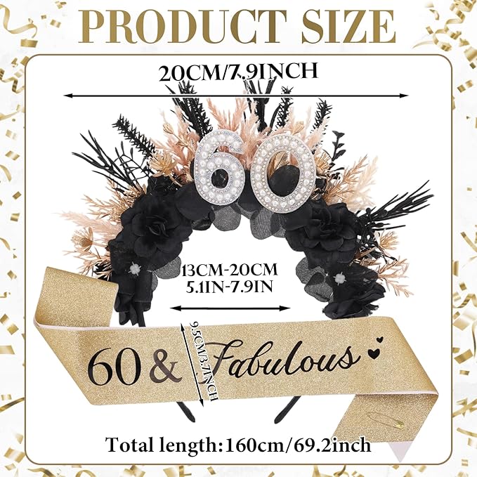 Flower Black Birthday Headband - Dark Happy Birthday Crown and Sash Set for Women Fabulous Party Accessories