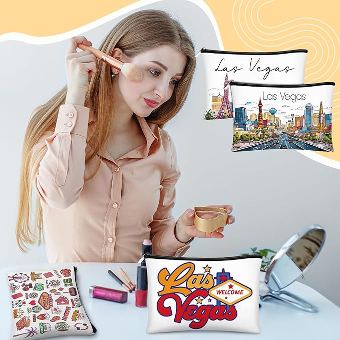 Reginary 6 Pcs City Cosmetic Bag Souvenir Gifts New York Zipper Pouch Chicago Souvenir Seattle Boston Nashville London Paris Italy Alaska Gifts Memento for Women Traveler(Las Vegas)